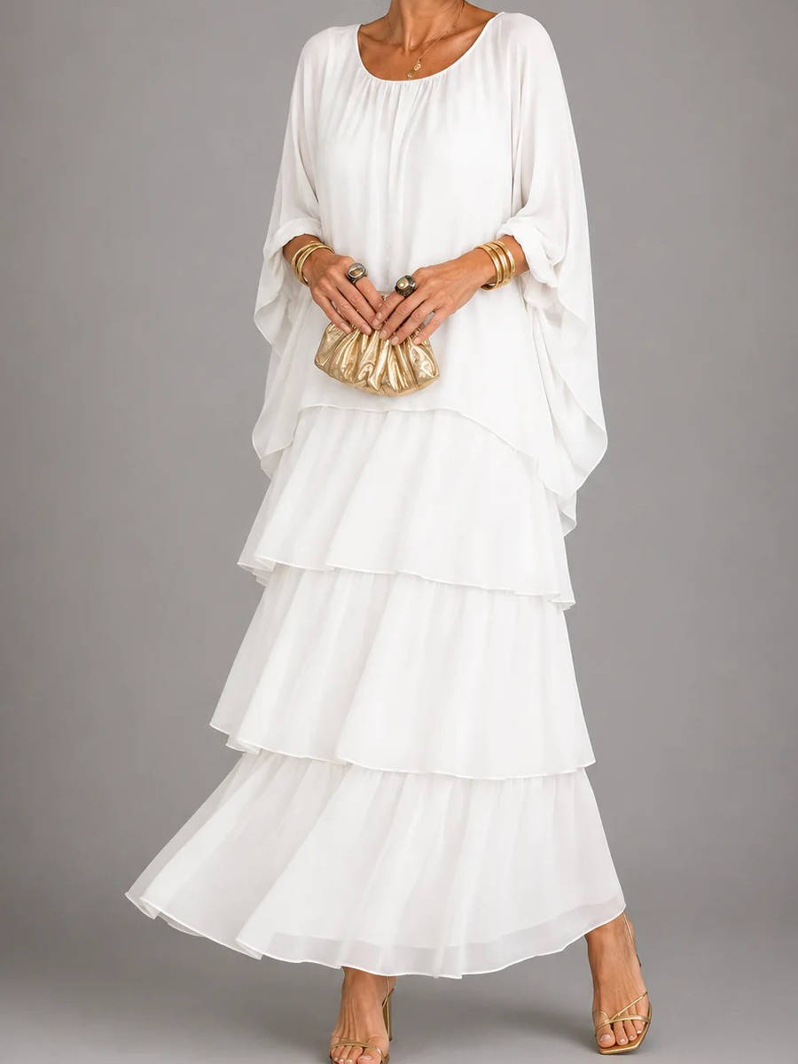 Womens Tiered Maxi Dress, Batwing Sleeve Layered Chiffon Evening Party Gown