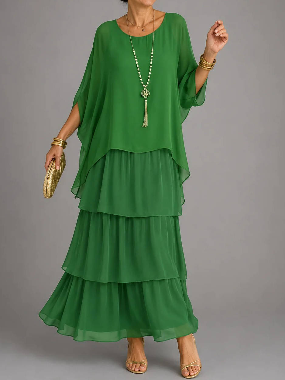 Womens Tiered Maxi Dress, Batwing Sleeve Layered Chiffon Evening Party Gown