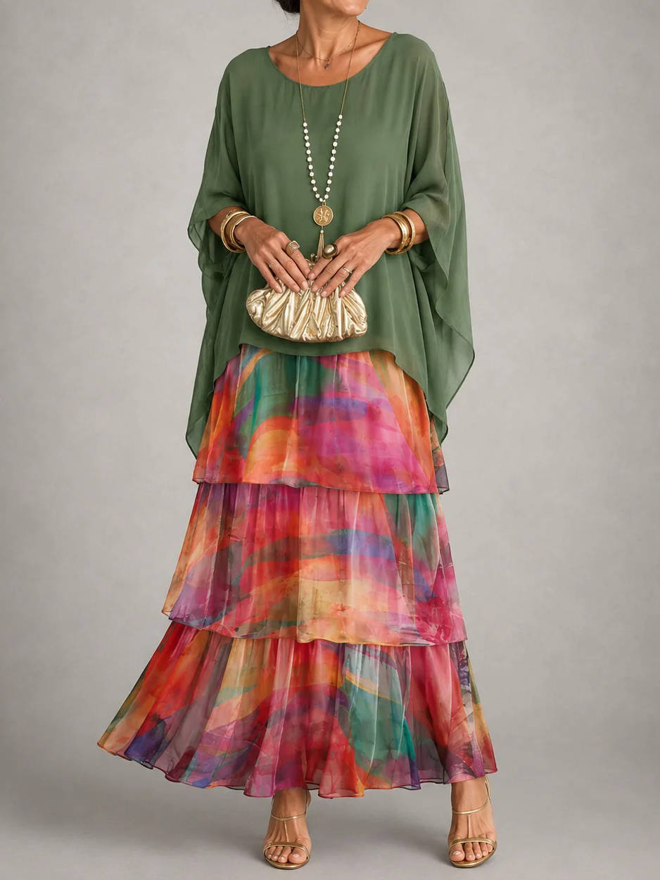 Womens Tiered Maxi Dress, Batwing Sleeve Layered Chiffon Evening Party Gown