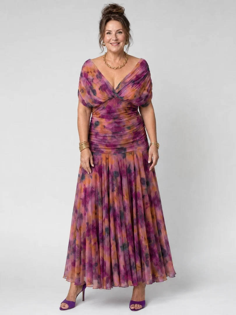Womens Floral Print Midi Dress, Off Shoulder Ruched Bodice Draped Cocktail Party Dress for Elegant Occasions