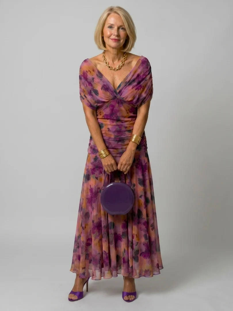 Womens Floral Print Midi Dress, Off Shoulder Ruched Bodice Draped Cocktail Party Dress for Elegant Occasions