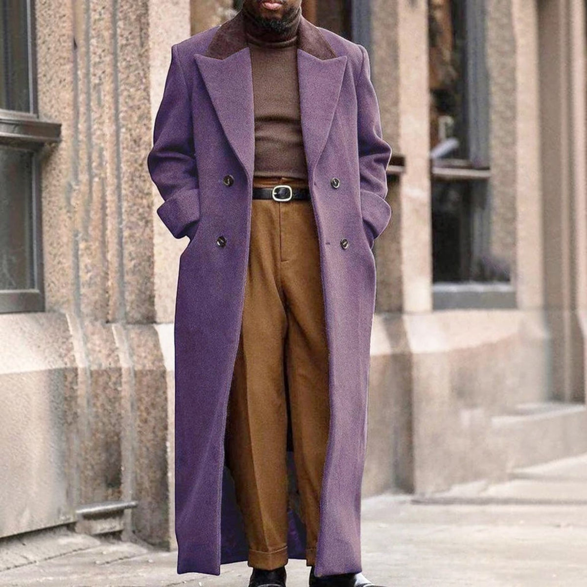 Mens Long Trench Coat, Full Length Double Breasted Overcoat, Classic Winter Coat