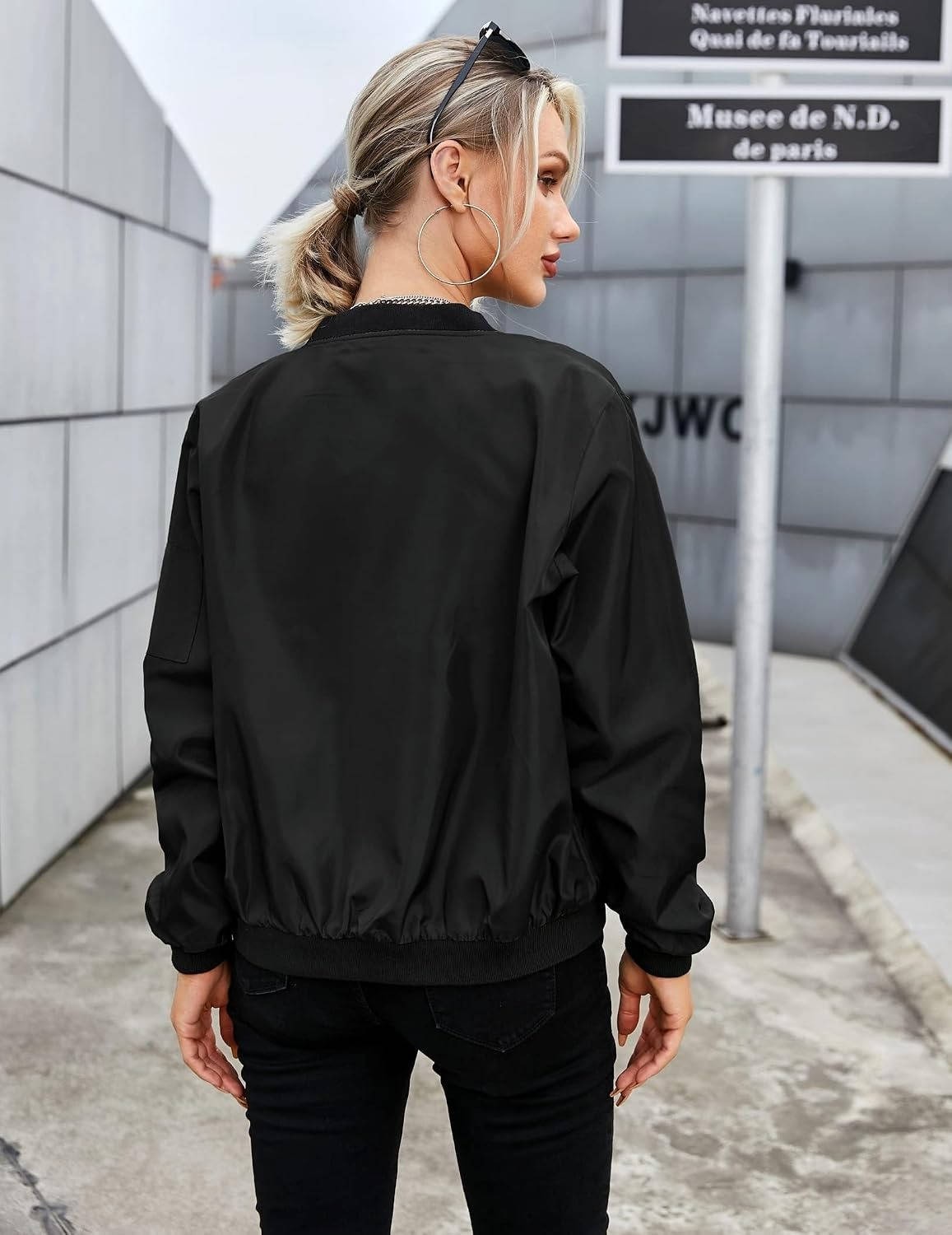 Womens Bomber Jacket, Zip Up Casual Coat with Pockets, Spring Fall Outerwear
