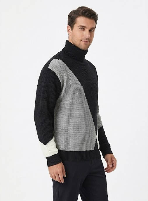 Ribbed Block Turtleneck Knit Sweater