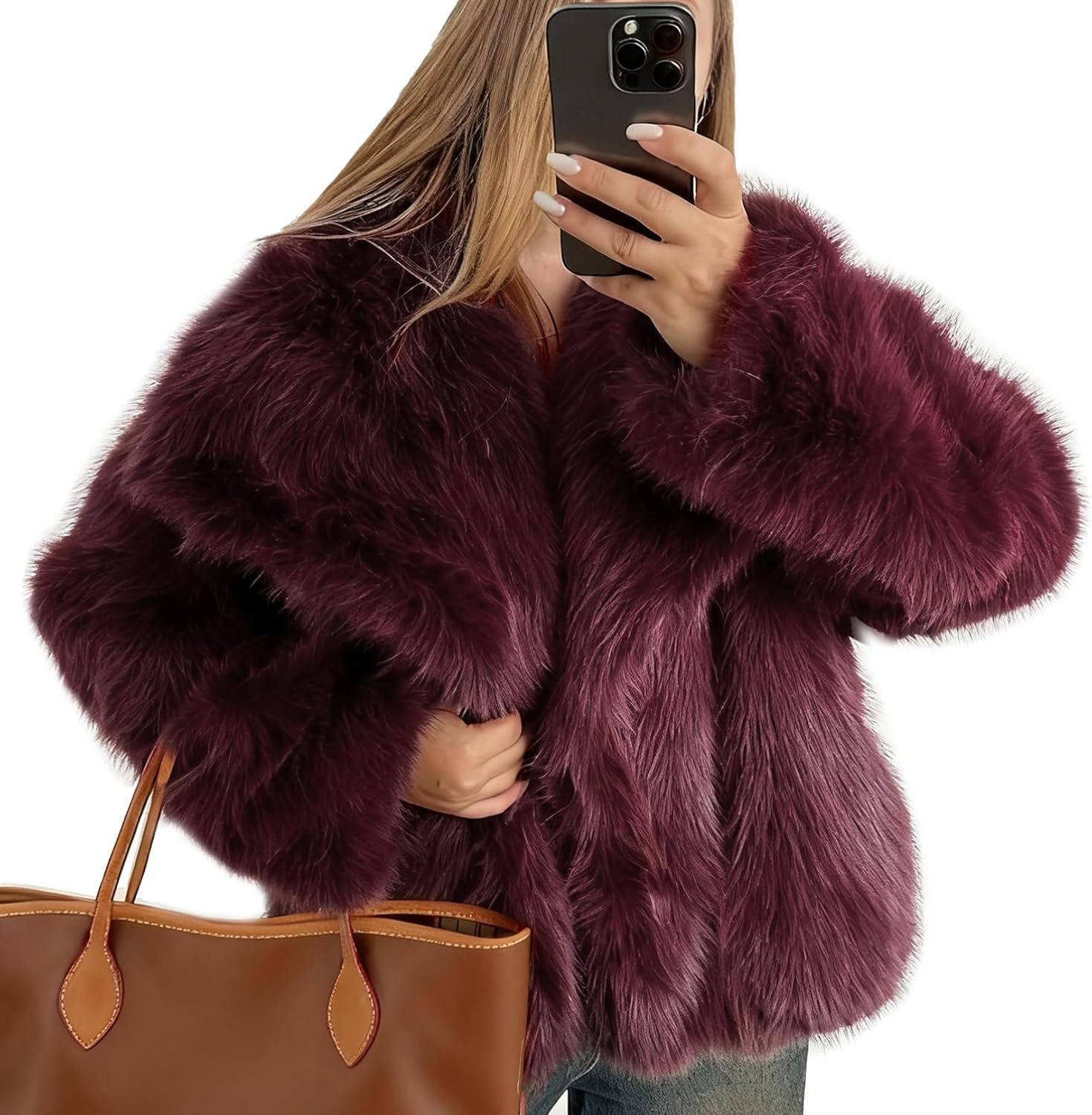Womens Cropped Faux Fur Jacket, Fluffy Long Sleeve Winter Coat
