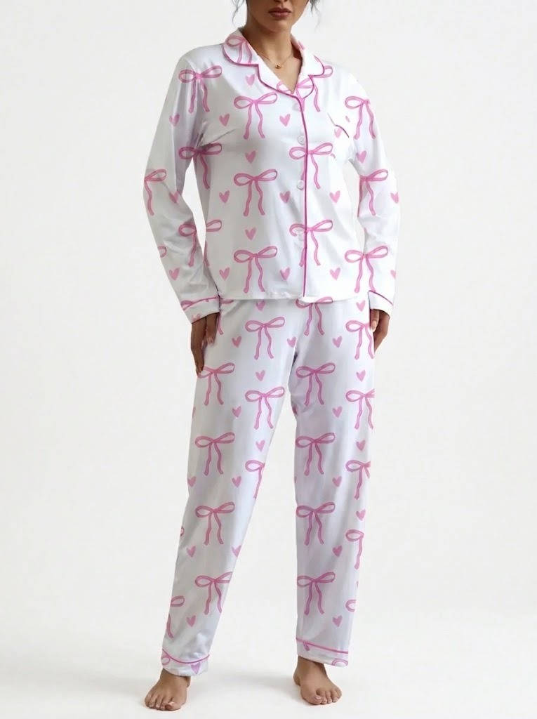 Womens 2 Piece Bow Print Pajama Set, Long Sleeve Fall Winter Sleepwear, Comfortable Loungewear for Casual Home Wear and Relaxing
