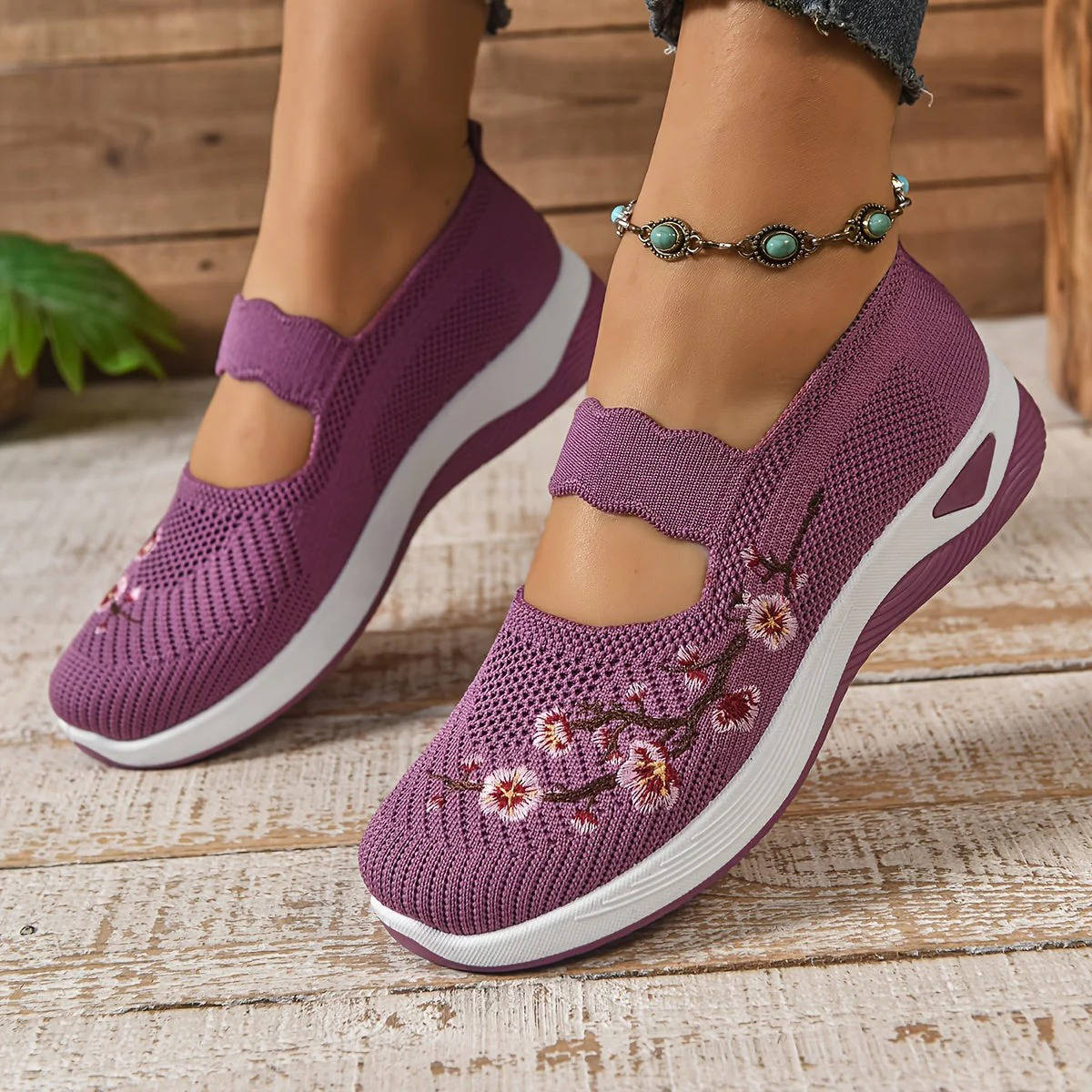 Women's Mary Jane Sneakers, Floral Embroidered Mesh Shoes, Slip on Elastic Strap Comfort Flats