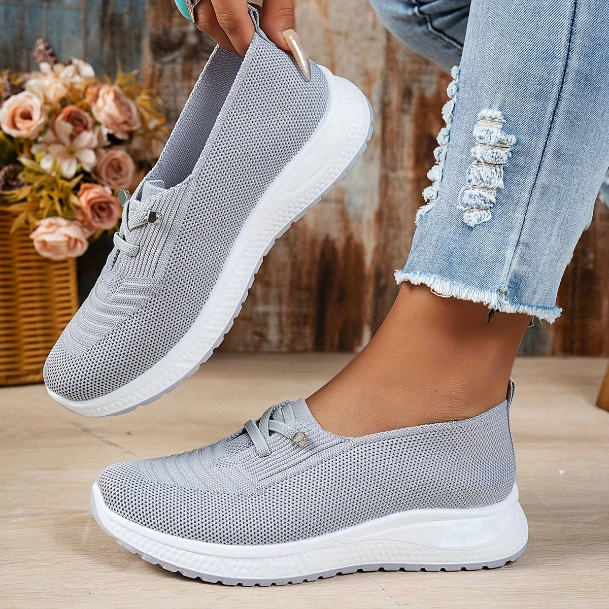 Women's Slip On Sneakers, Breathable Mesh Walking Shoes, Casual Lace Detail Comfort Loafers