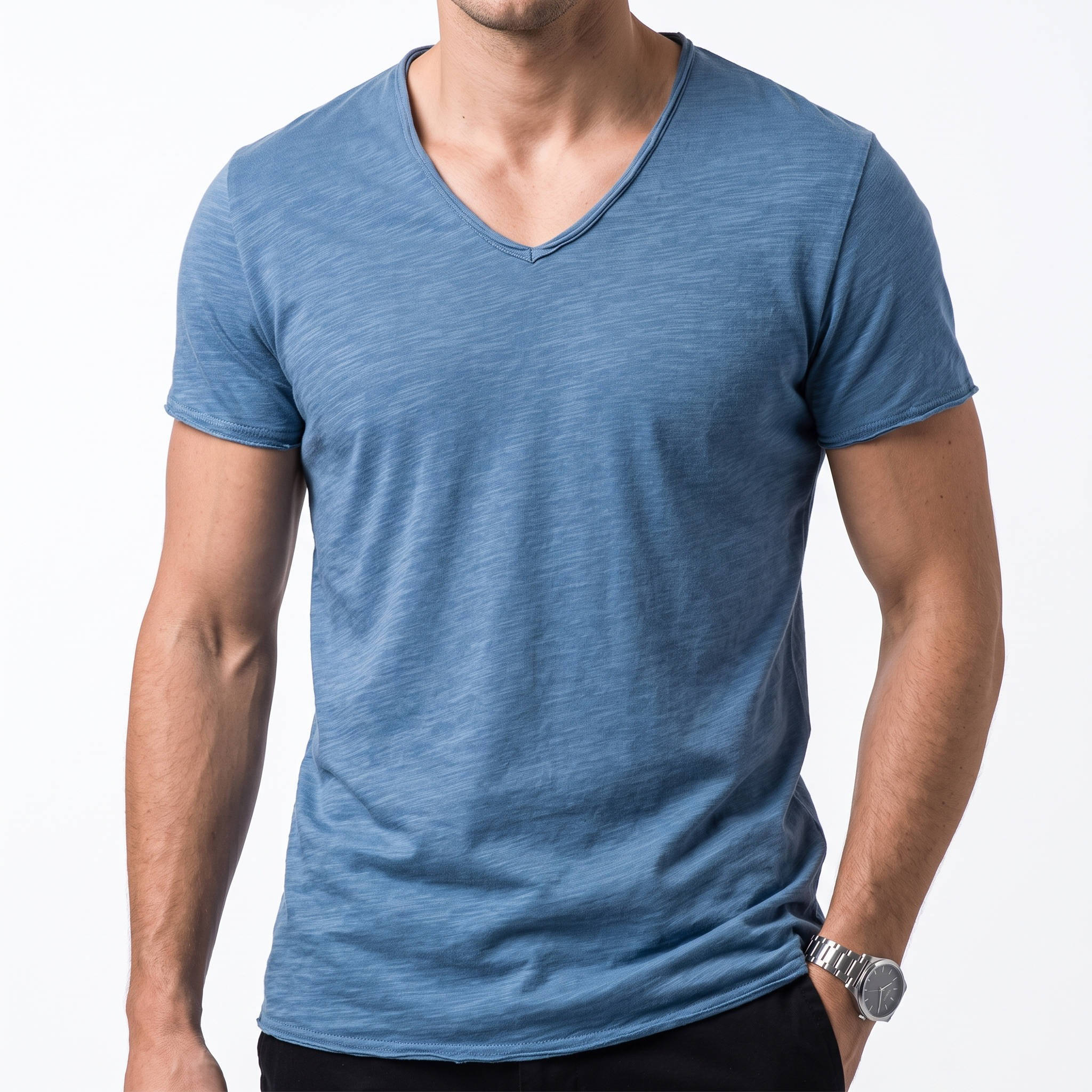 Men's Casual V Neck T Shirt, Breathable Slim Fit Short Sleeve Tee, Lightweight Cotton Slub Basic Top