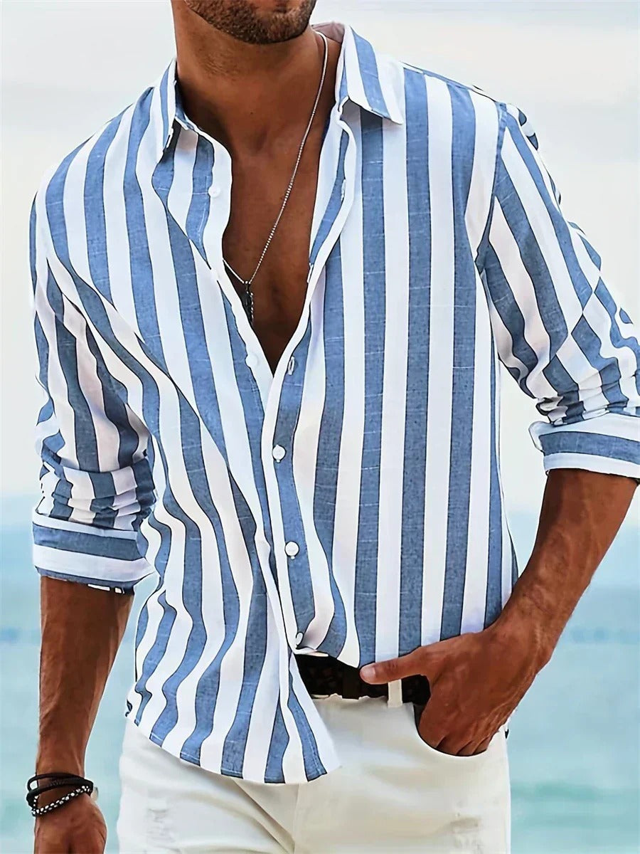 Mens Vertical Striped Button Down Shirt, Lightweight Breathable Summer Shirt, Regular Fit Casual Shirt