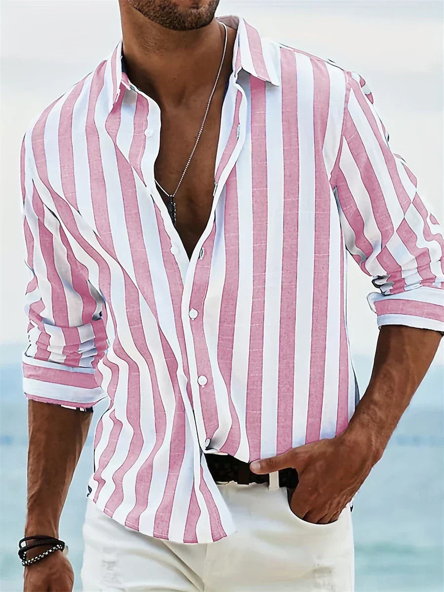 Mens Vertical Striped Button Down Shirt, Lightweight Breathable Summer Shirt, Regular Fit Casual Shirt