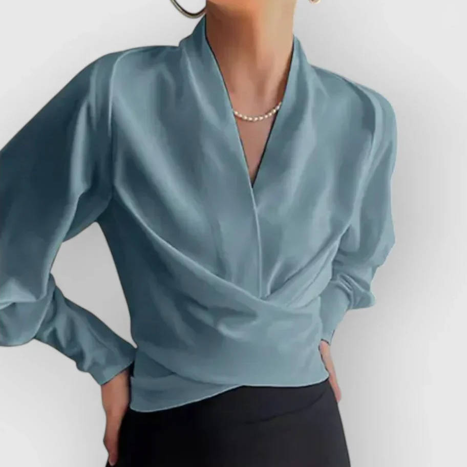 Womens Satin Look Blouse with V Neckline and Back Zipper, Long Sleeve