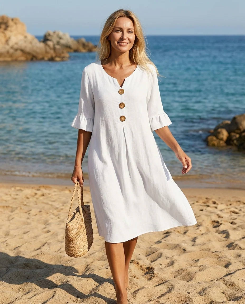 Women's Summer Dress, Ruffle Short Sleeve V Neck Midi Dress, Casual Lightweight Beach Sundress