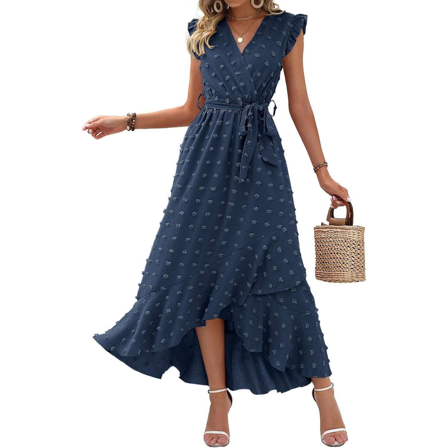 Women's Boho Maxi Dress, Swiss Dot Cap Sleeve Beach Wedding and Cocktail Dress