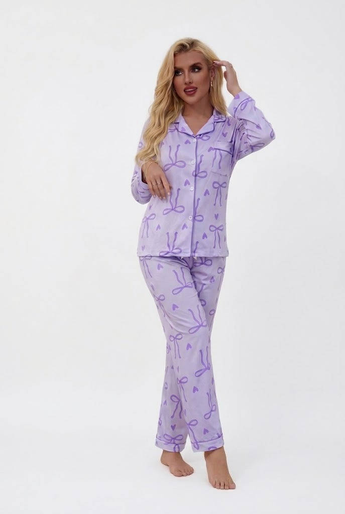 Womens 2 Piece Bow Print Pajama Set, Long Sleeve Fall Winter Sleepwear, Comfortable Loungewear for Casual Home Wear and Relaxing