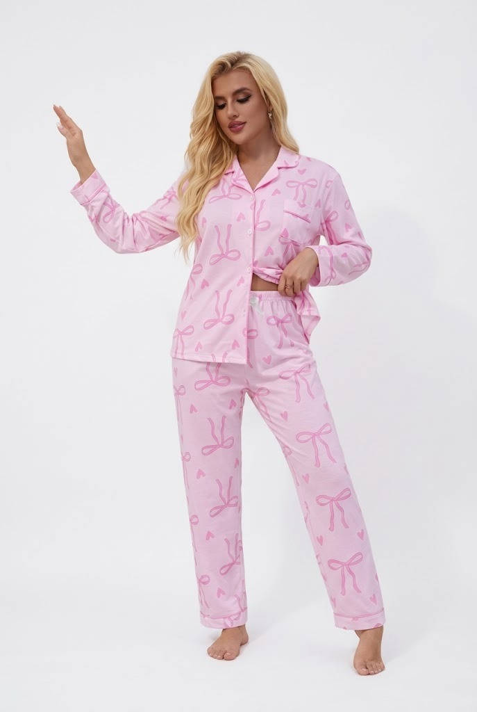 Womens 2 Piece Bow Print Pajama Set, Long Sleeve Fall Winter Sleepwear, Comfortable Loungewear for Casual Home Wear and Relaxing