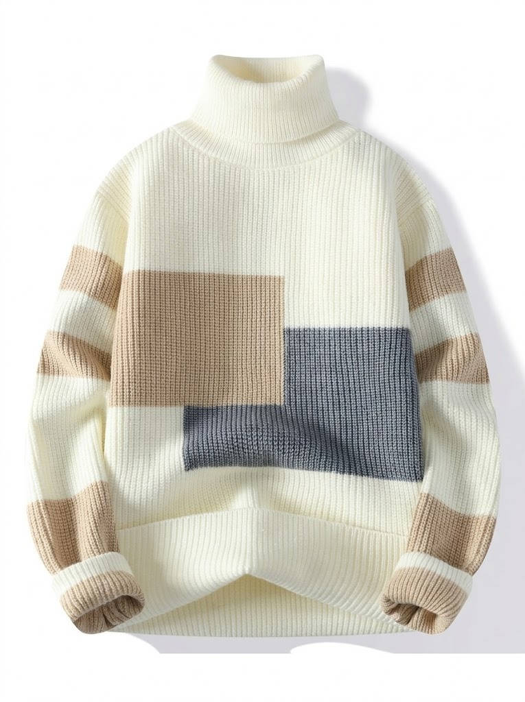 Ribbed Block Turtleneck Knit Sweater
