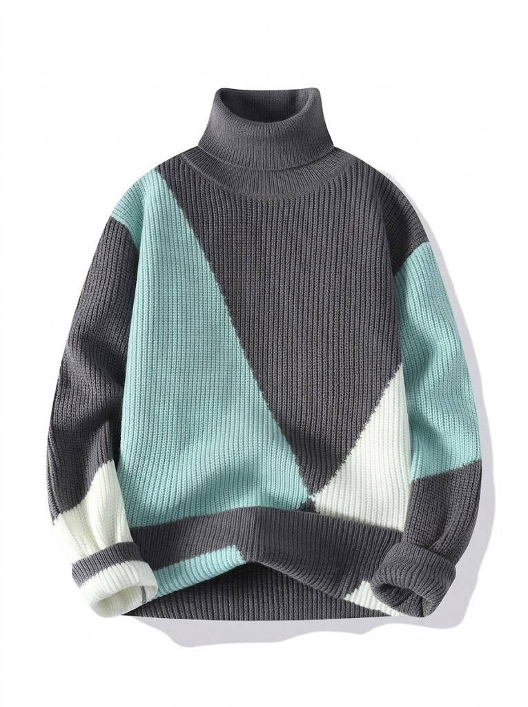 Ribbed Block Turtleneck Knit Sweater