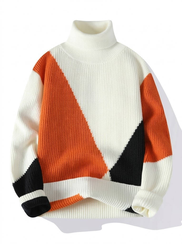Ribbed Block Turtleneck Knit Sweater