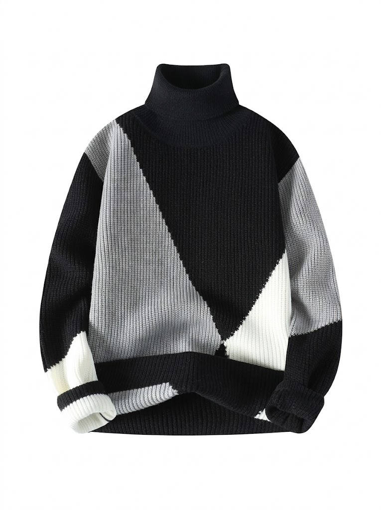 Ribbed Block Turtleneck Knit Sweater