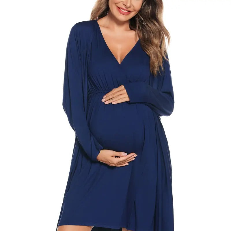 Women 2 Piece Modal Maternity Gown and Nursing Robe Set - Breastfeeding Sleepwear