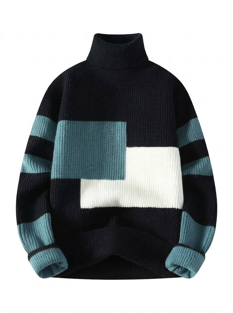 Ribbed Block Turtleneck Knit Sweater