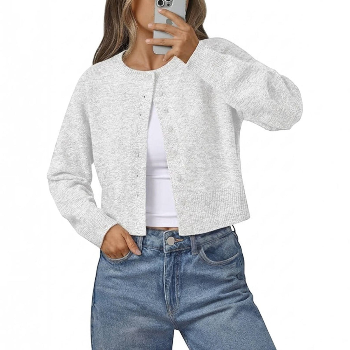 Womens Cropped Button Down Cardigan - Lightweight Knit Sweater