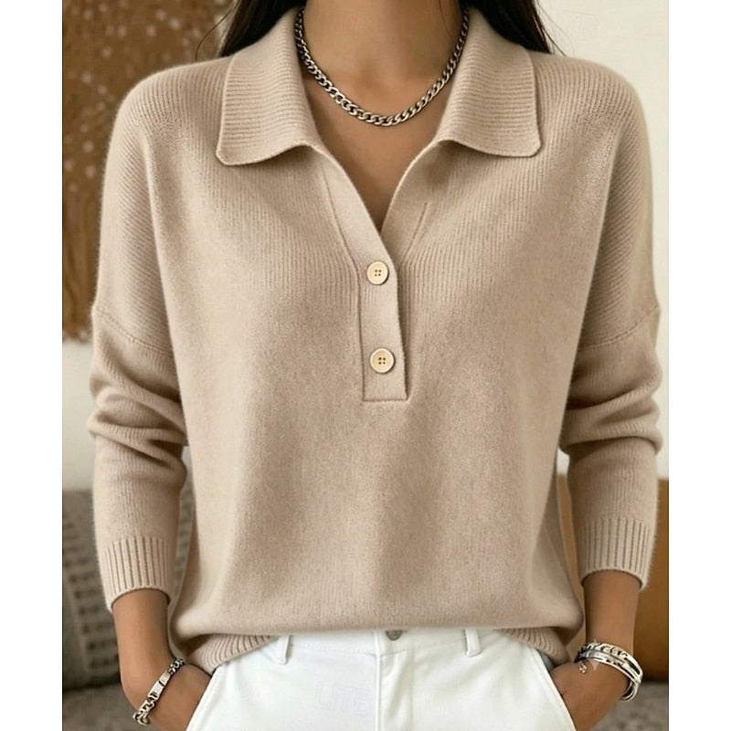 Collared Pullover with Button Accent and Long Sleeves