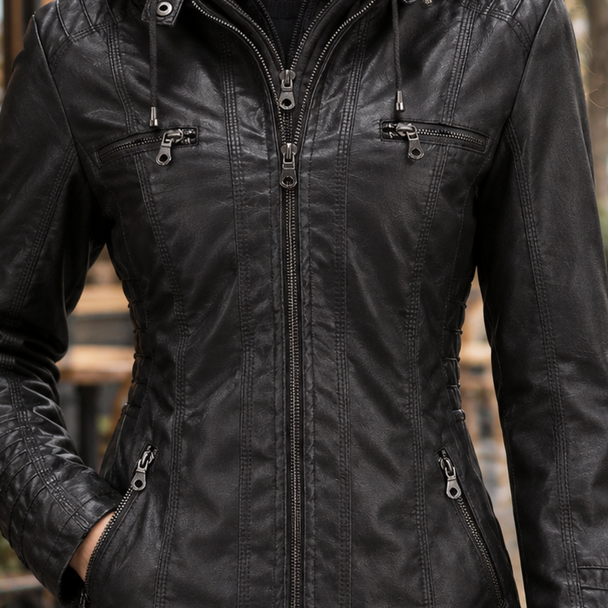 Womens faux leather hooded jacket - zipper detail