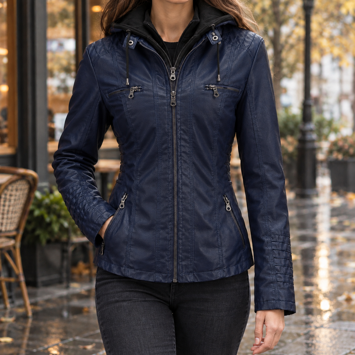 Womens faux leather hooded jacket - Dark Blue