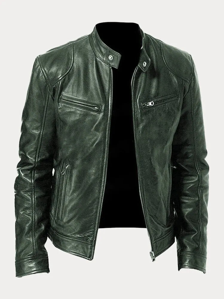Structured Jacket with Metal Zip Closure and Snap Tab Stand Collar