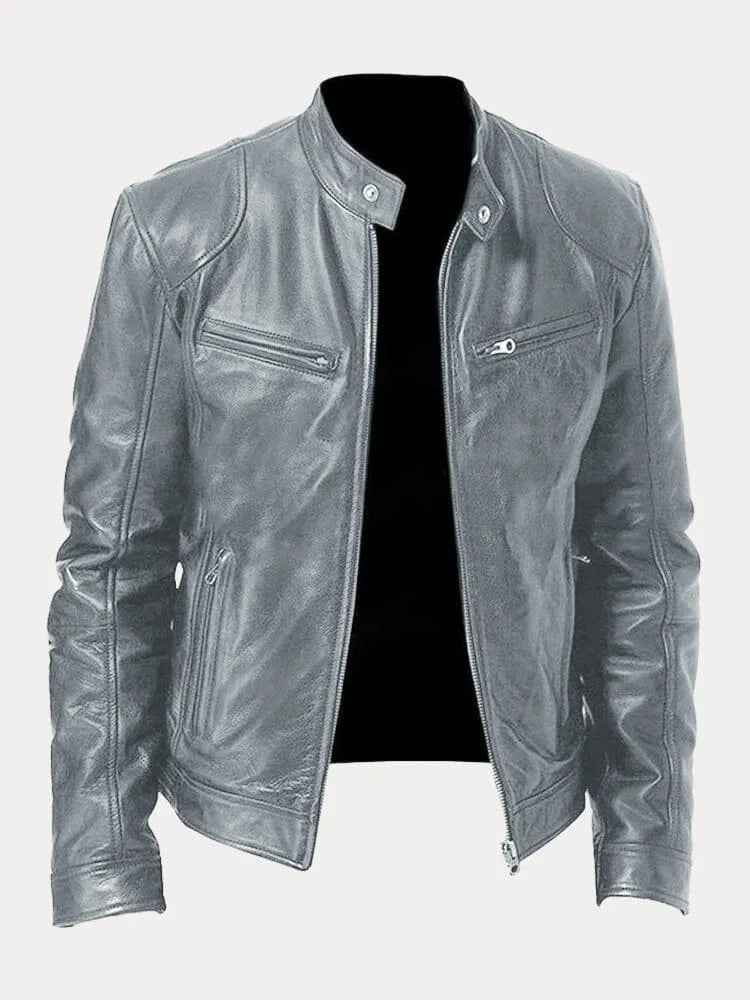 Structured Jacket with Metal Zip Closure and Snap Tab Stand Collar