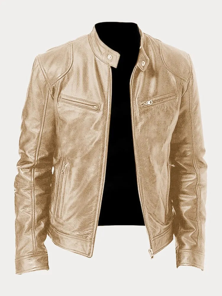 Structured Jacket with Metal Zip Closure and Snap Tab Stand Collar