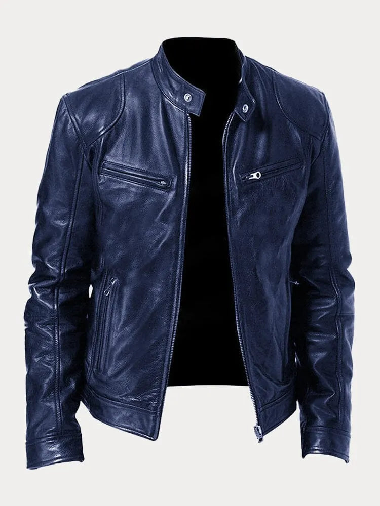 Structured Jacket with Metal Zip Closure and Snap Tab Stand Collar