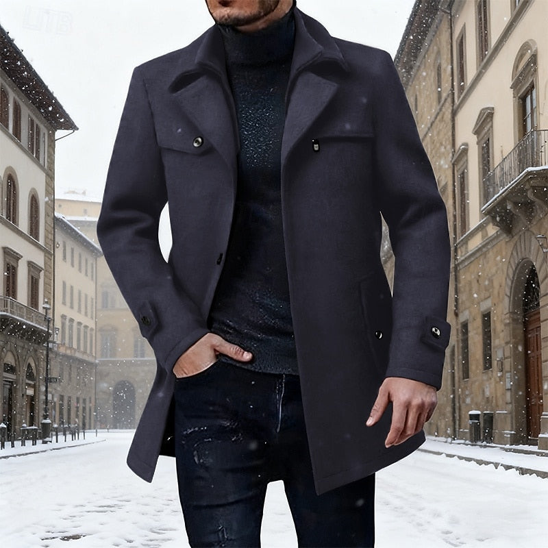 Longline Winter Coat with Tailored Silhouette and Classic Collar, Front Button Closure