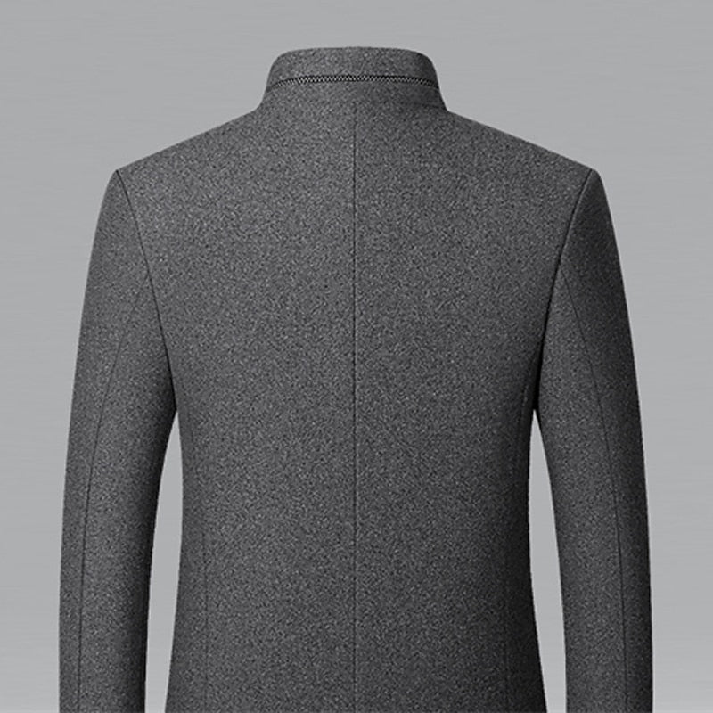 Tailored Overcoat with Stand Collar and Button Front, Hip-Length Coverage