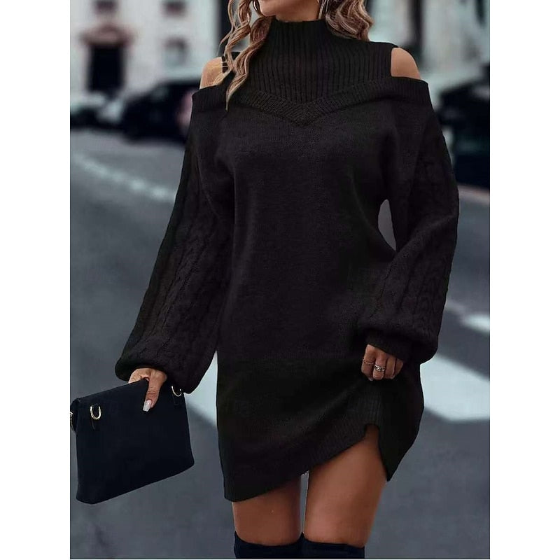 Cold-Shoulder Turtleneck Sweater Dress with Cable Knit Sleeves