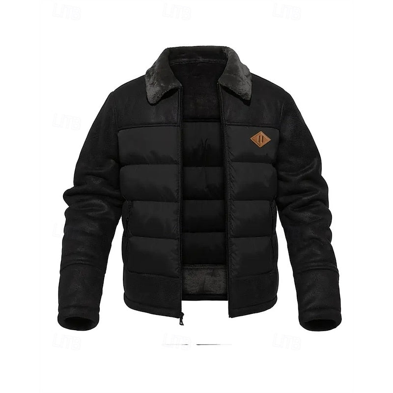 Insulated Winter Puffer Jacket with Structured Collar and Front Zip, Hip Length