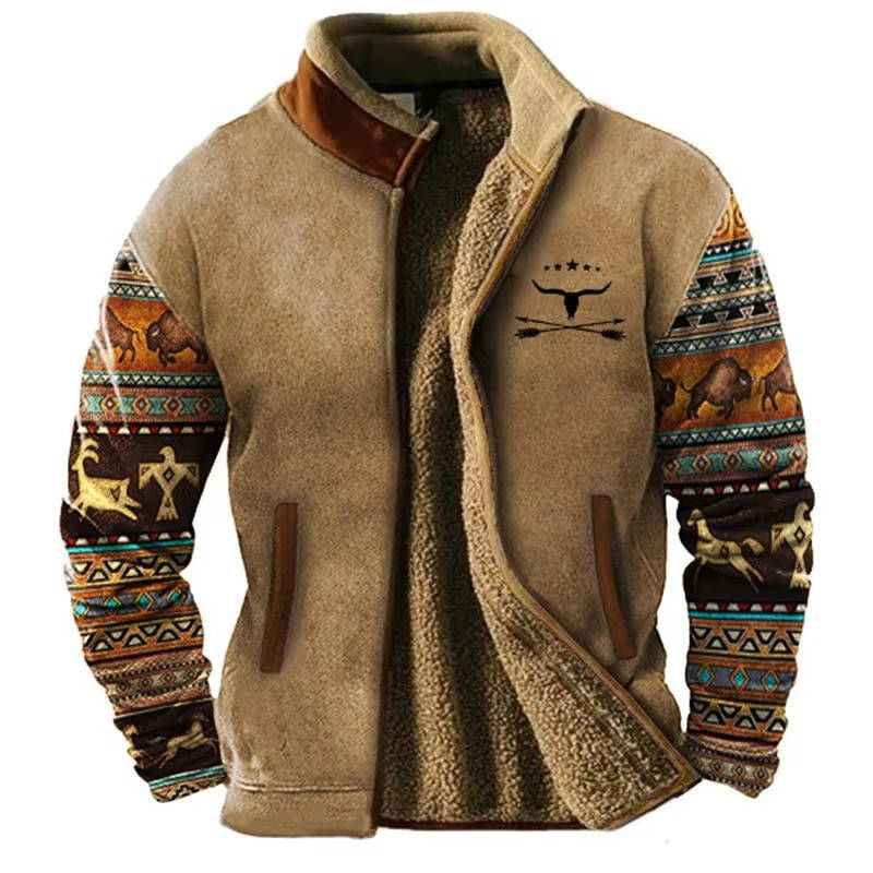 Mens Fleece Jacket with Aztec Geometric Pattern and Stand Collar