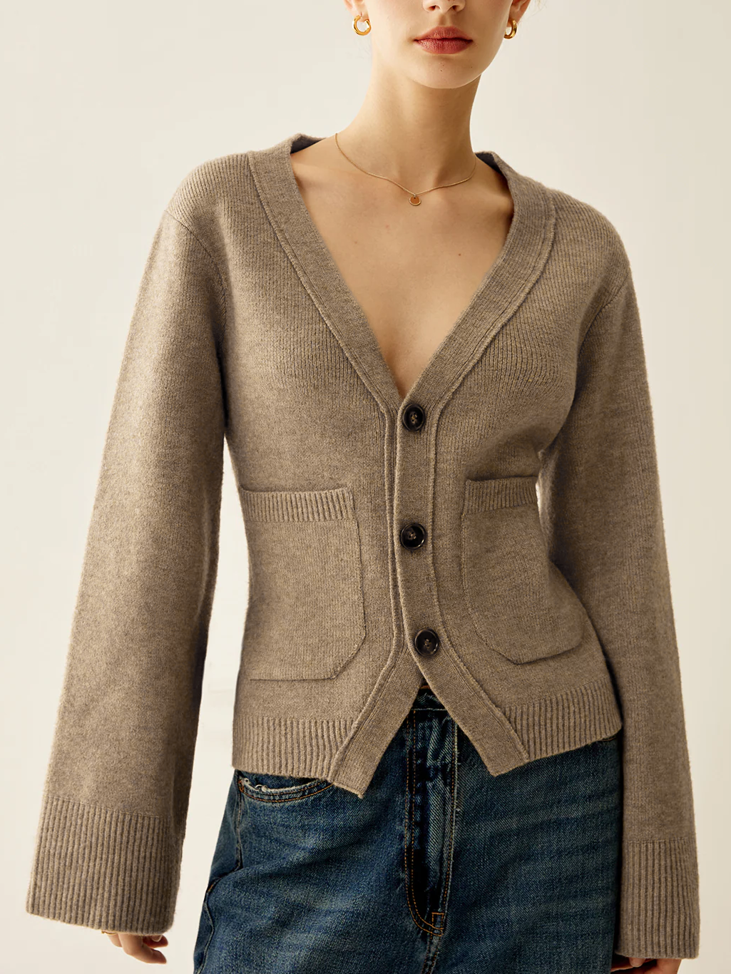 Knit Button Cardigan with V-Neck and Regular Fit