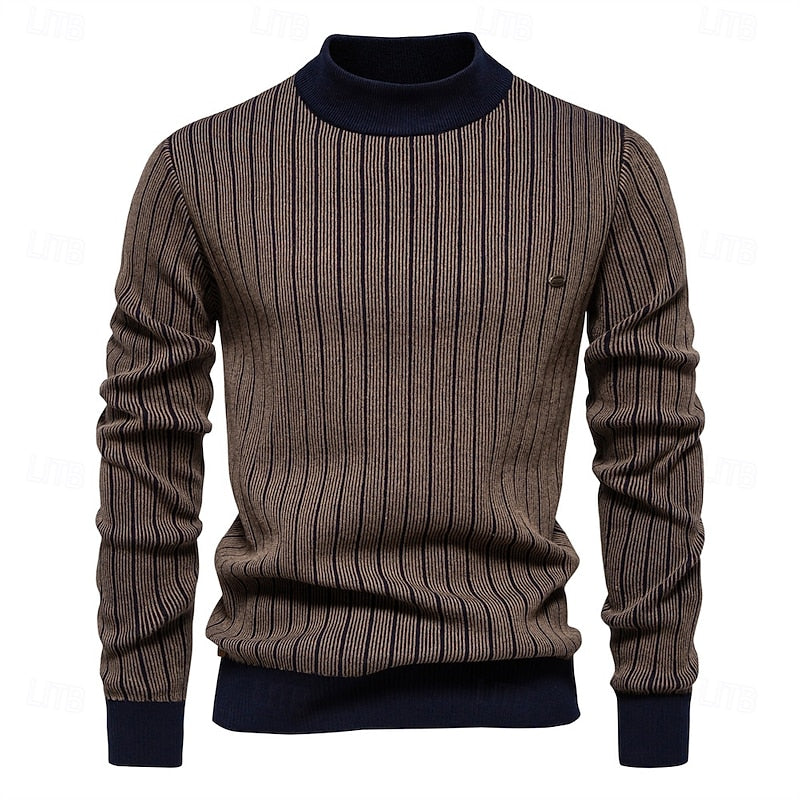 Ribbed Mock Neck Sweater with Tailored Fit and Vertical Knit Pattern