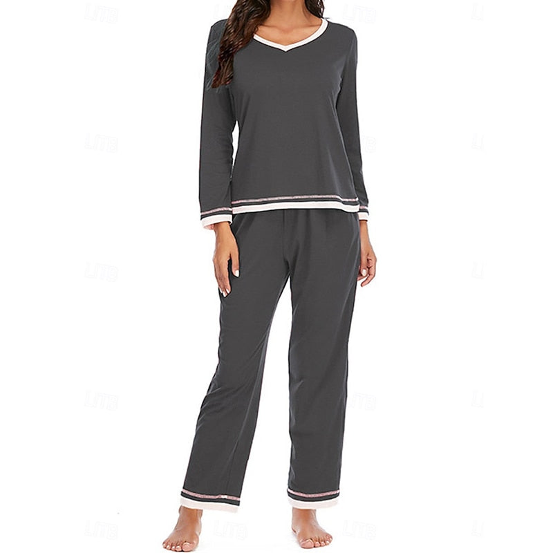 Womens Two Piece Lounge Set with Long Sleeve V Neck Top and Elastic Waist Trousers