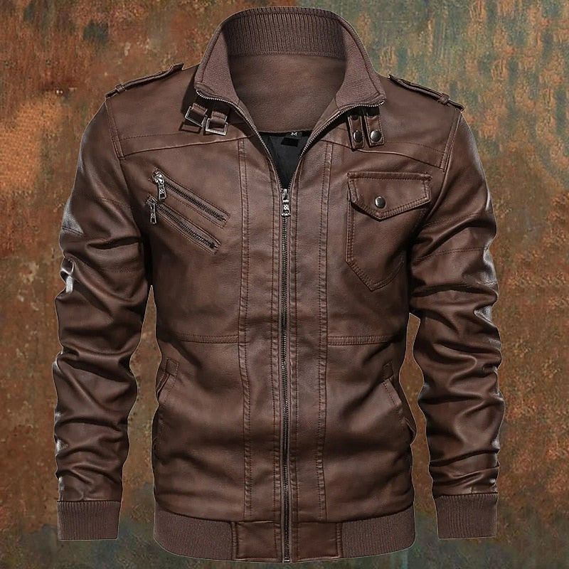 Stand Collar Biker Jacket with Ribbed Cuffs and Full Zip Closure