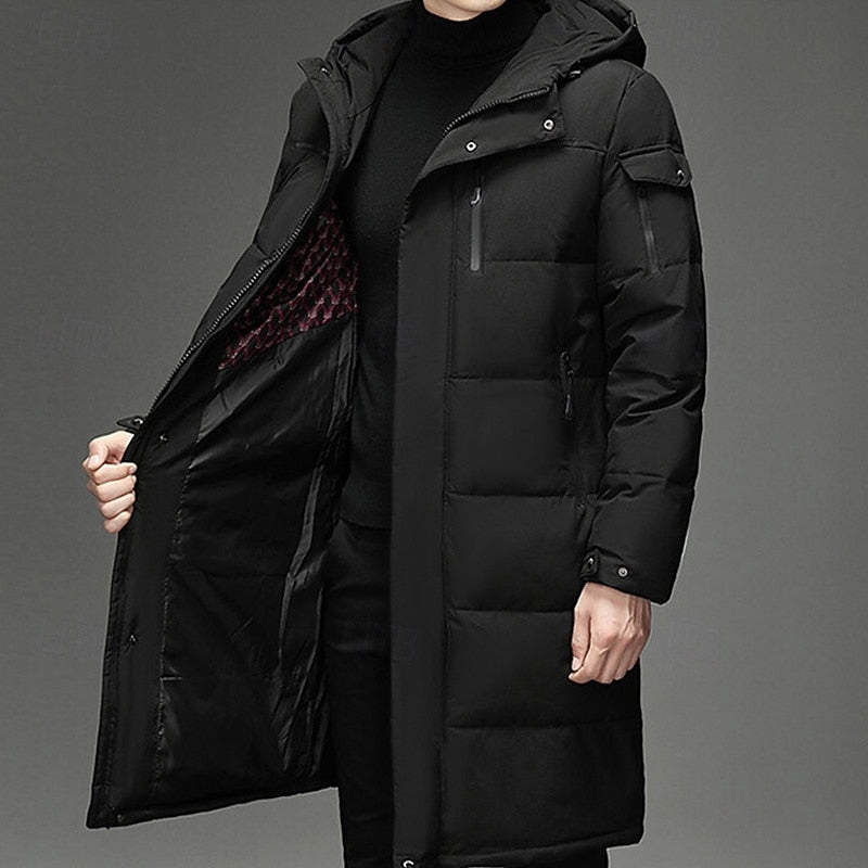 Padded Long Winter Coat with Adjustable Hood and Zip Pockets, Below Knee Length