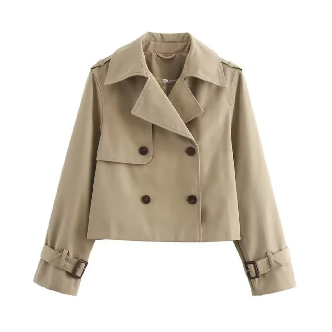 Womens Short Trench Coat with Double Breasted Closure and Adjustable Sleeve Buckles