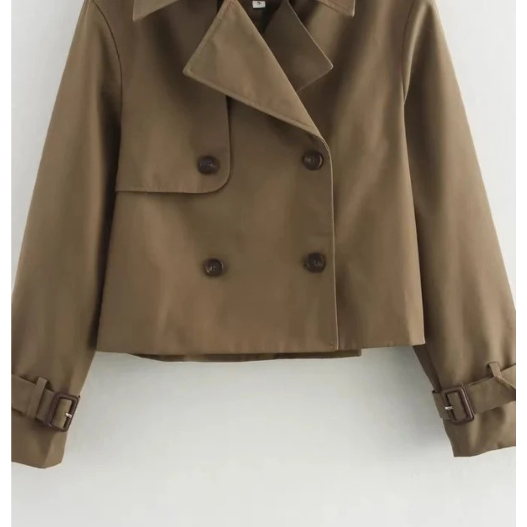 Womens Short Trench Coat with Double Breasted Closure and Adjustable Sleeve Buckles