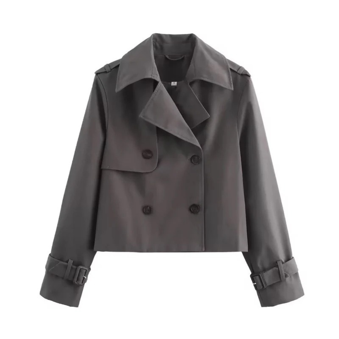 Womens Short Trench Coat with Double Breasted Closure and Adjustable Sleeve Buckles
