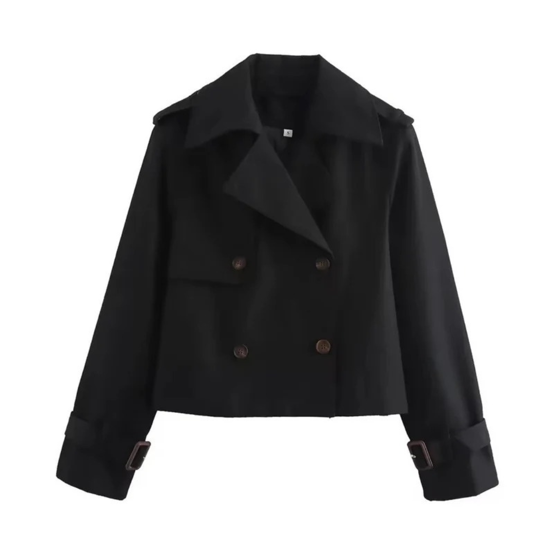 Womens Short Trench Coat with Double Breasted Closure and Adjustable Sleeve Buckles