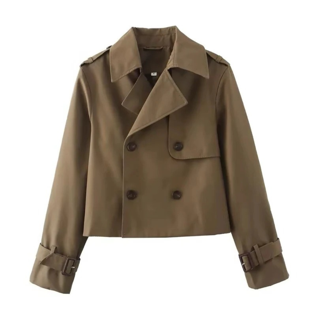 Womens Short Trench Coat with Double Breasted Closure and Adjustable Sleeve Buckles