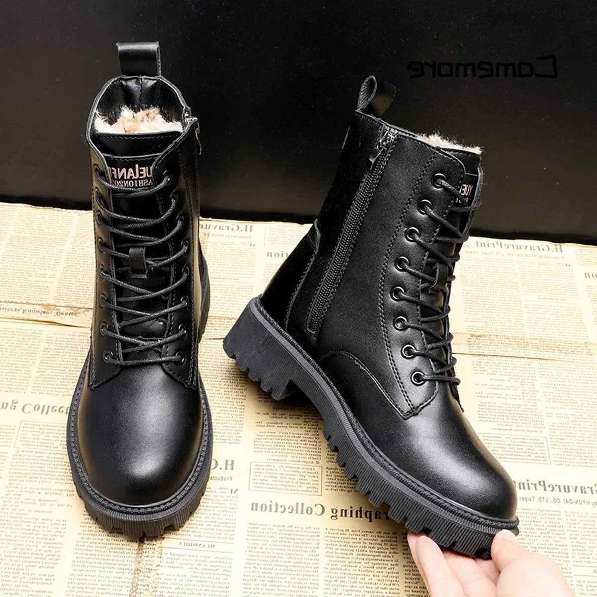Black Leather Chelsea Boots with Chunky Lug Sole and Elastic Knit Panels